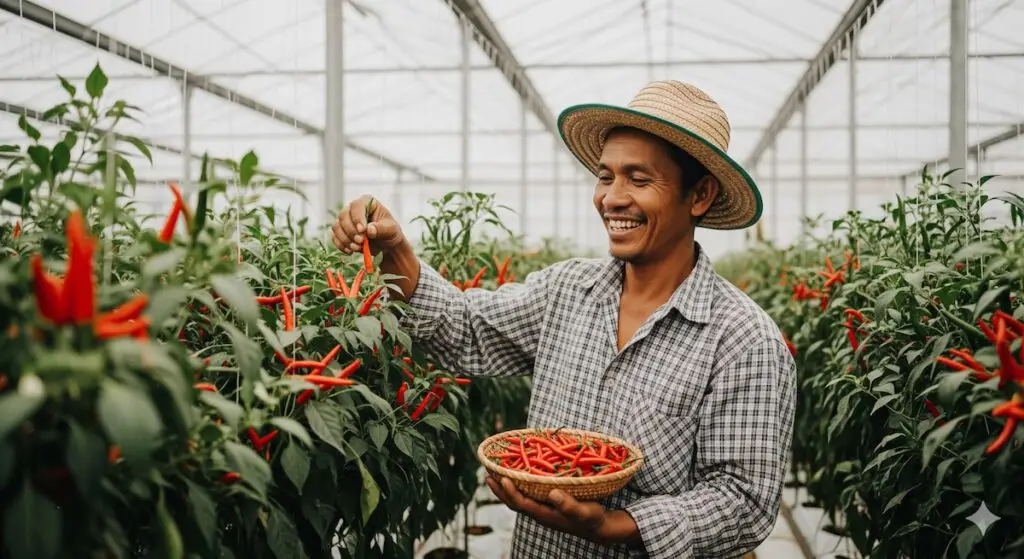 Smiling farmer harvesting red chillies in a greenhouse