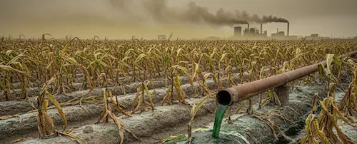Withered crops beside a pipe discharging chemical runoff, with a factory in the background
