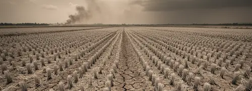 Parched, cracked farmland with failed crop rows under a smoky sky